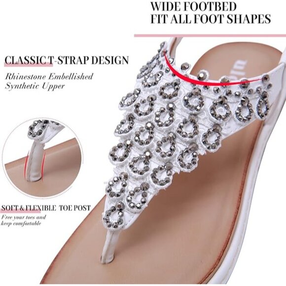 ulogu Women's White Rhinestone Thong Sandals – Size‎ 10 Boho Flat Flip-Flops - Picture 5 of 7